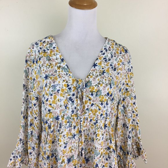 NWT CYNHIA ROWLEY Abstract Floral Print Tie Collar Bell Sleeve Shirt - Picture 6 of 10
